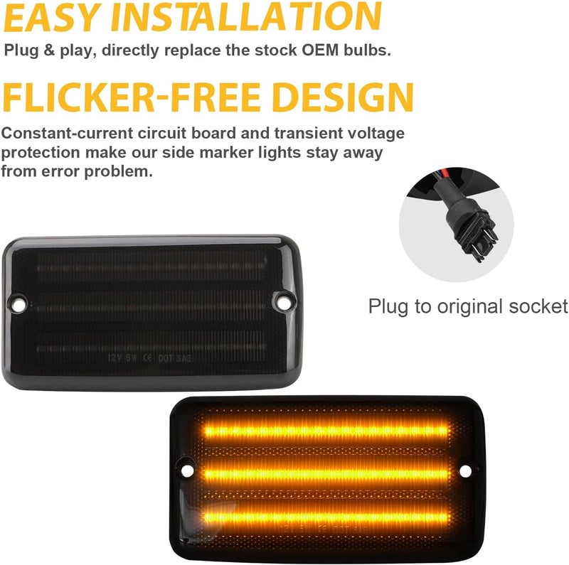 Best View LED Sequential Front Turn Signal Light for 1997-2006 Jeep Wrangler TJ: Side Marker Light Assembly with Amber/White DRL, Smoked Lens, Dynamic Turn Signal Lamps Assembly, Pack of 2 - Image 5